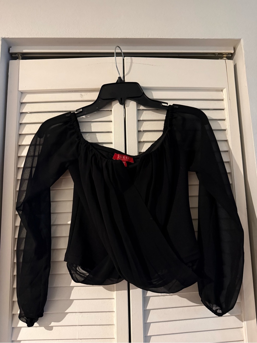 Guess Black Sheer Long-Sleeve Wrap Blouse
